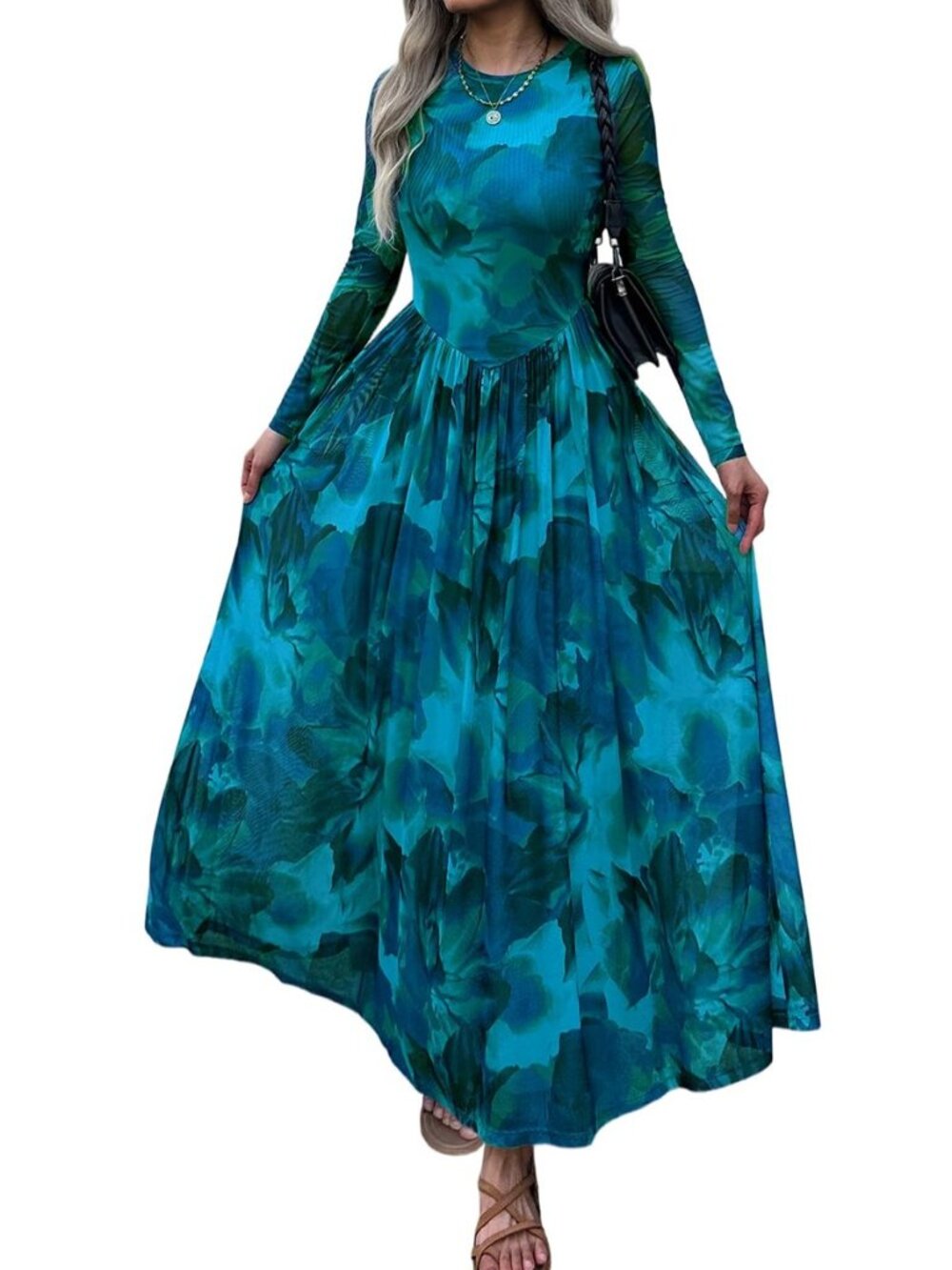 Women's Maxi Dress 2026 Fall Long Sleeve Crewneck Mesh Floral Dress Drop Waist